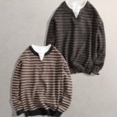 2025秋冬新圆领简单印花T恤8021男假两件长袖 SL舒适透气条纹T恤