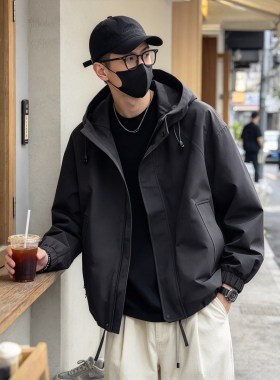 休闲连帽男黑色宽松百搭夹克