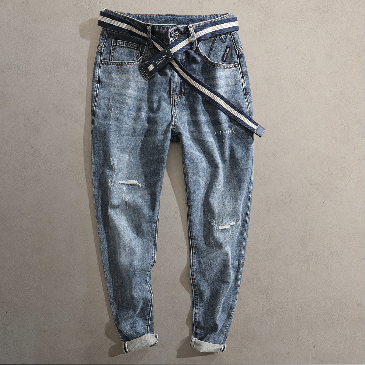 复古破洞牛仔裤男显瘦331CG修身小脚长裤百搭休闲蓝色裤子