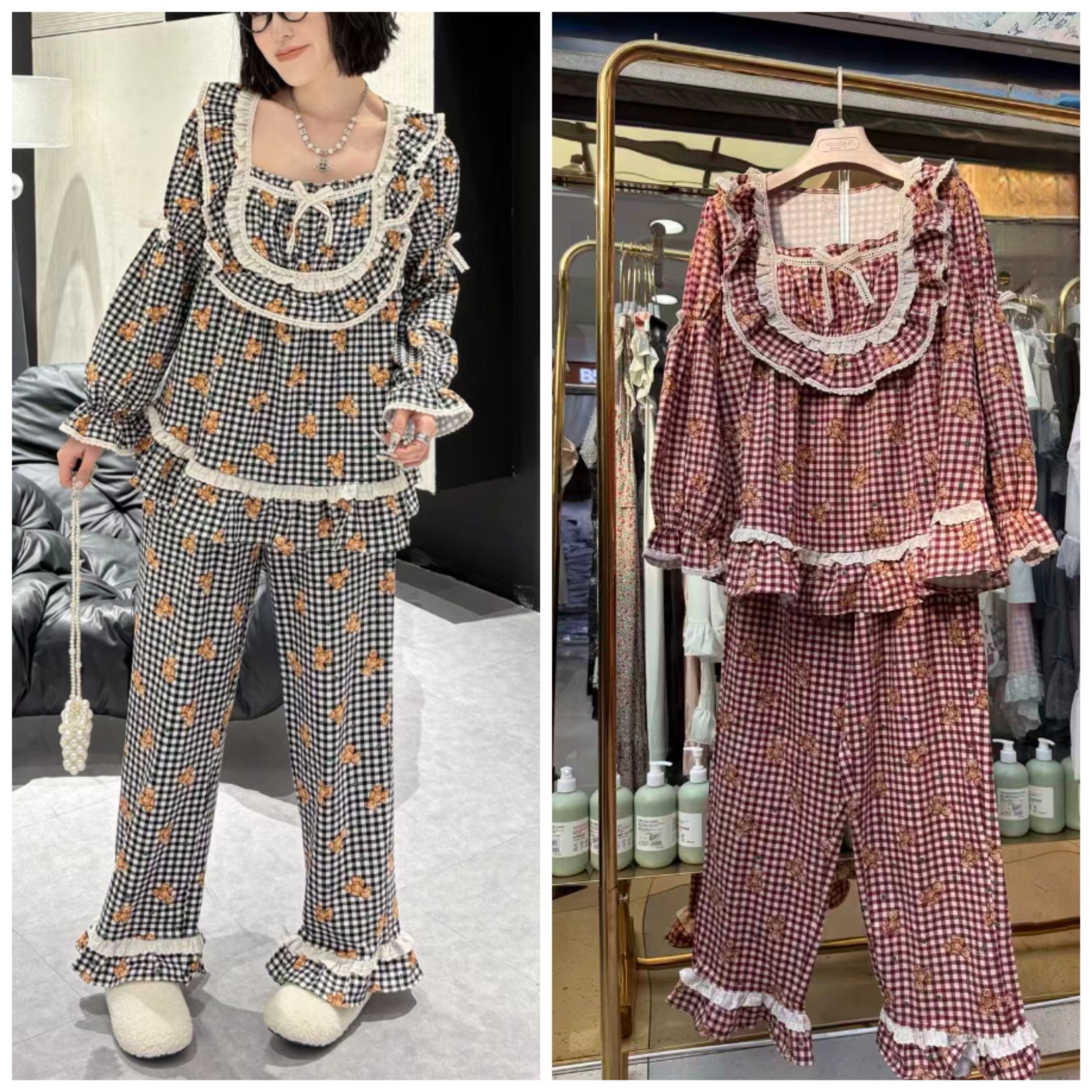 2025冬新款大码纯棉线格子韩版可爱家居服套装加肥加大舒适睡衣女