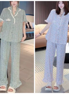 2025夏季新款大码纯棉线碎花半袖长裤家居服套装加肥舒适透气睡衣