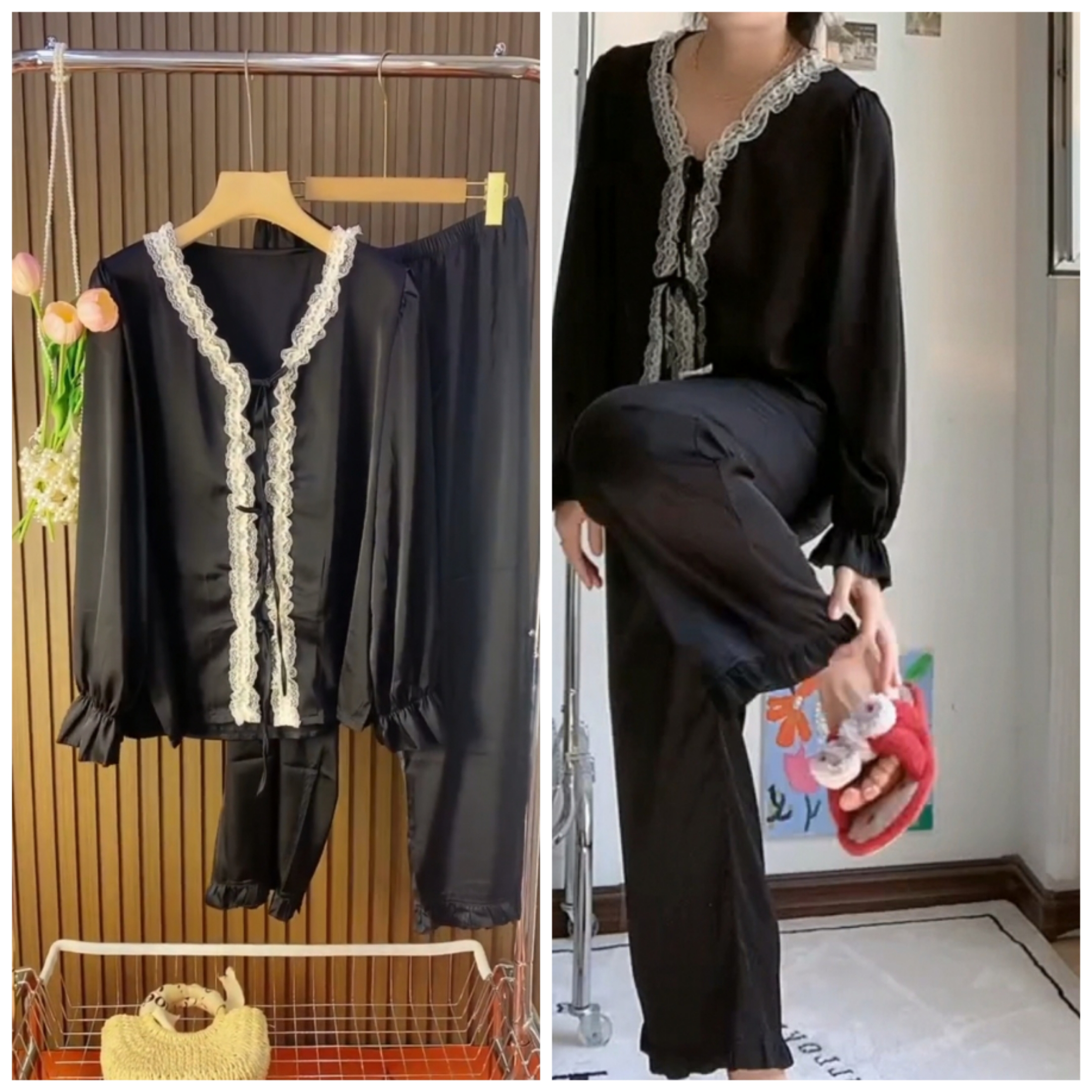 2024秋冬新款大码仿真丝法式蕾丝领边家居服套装加肥舒适柔软睡衣