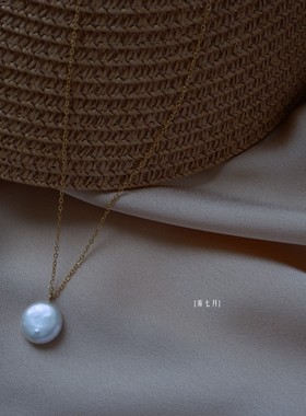 [游七月]天然珍珠项链扁圆形纽扣吊坠平安扣锁骨链钛钢简约气质