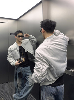 PLTH*美式复古解构绑带飞行夹克棉服男秋季短款bomber棒球服外套