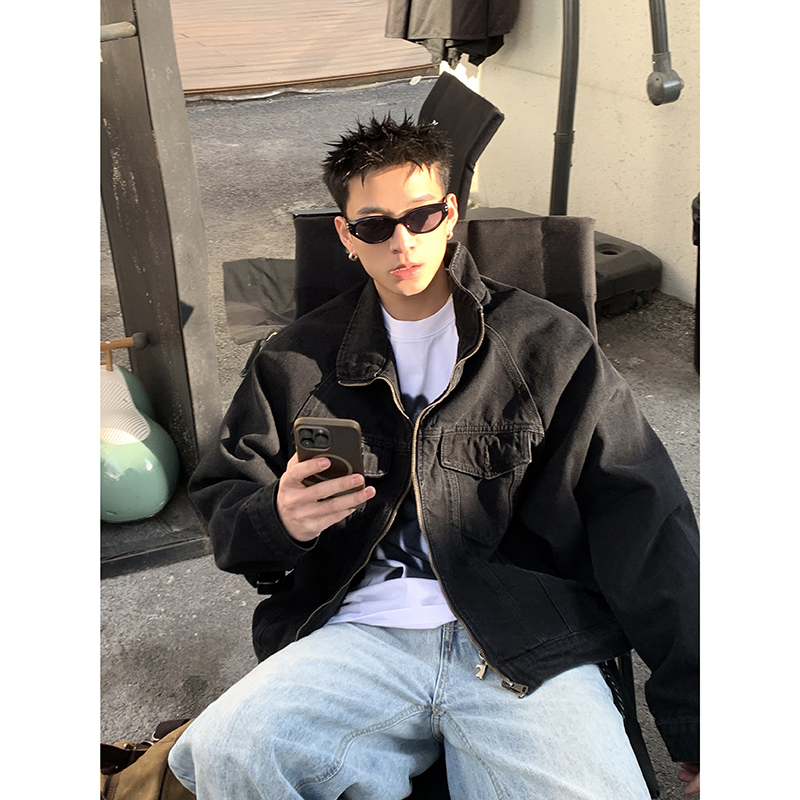 PLTH*美式复古分割解构短款拉链牛仔夹克cleanfit重磅机车外套男