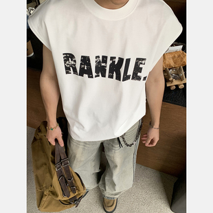 圆领印花字母坎肩背心男宽松休闲百搭无袖 潮牌夏季 上衣 美式 PLTH