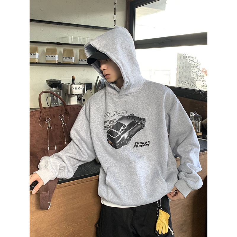 PLTH*美式复古汽车印花重磅纯棉加绒防风保暖休闲百搭连帽卫衣男