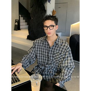 男后背字母印花百搭叠穿早春开衫 PLTH 衬衫 复古格子长袖 外套 美式