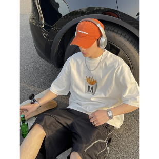 重磅短袖 PLTH 高克重255g街头美式 新品 T恤男 薯条趣味印花2023夏季