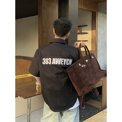 PLTH*夏季美式字母印花休闲衬衫宽松男女工装运动百搭短袖套装潮