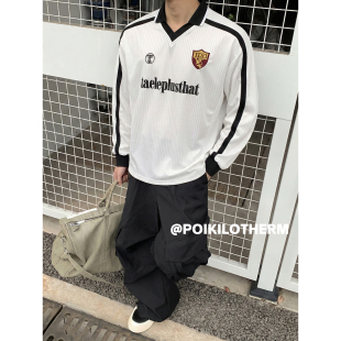 T恤男春季 街头风球衣长袖 V领贴布徽章印花宽松休闲上衣 美式 PLTH