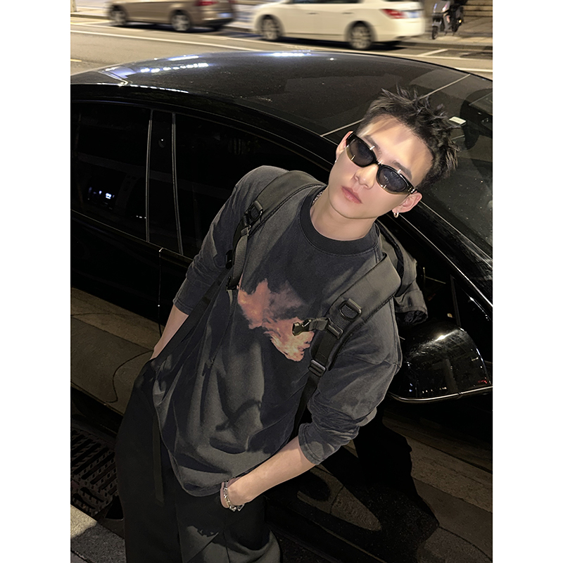 PLTH*水洗做旧数码直喷原创印花火焰印花宽松休闲百搭长袖打底衫