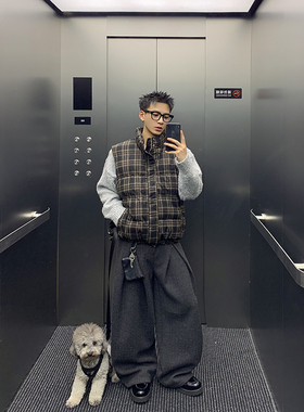 PLTH*复古格纹撞色百搭宽松无袖棉服男秋冬慵懒韩系保暖休闲马甲