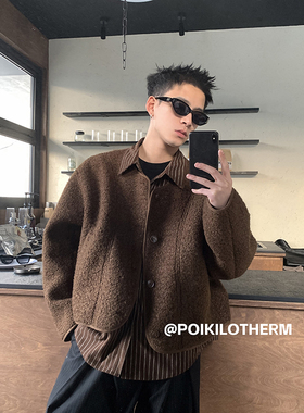 PLTH*美式重磅毛呢条纹衬衫拼接假两件外套男复古慵懒风纽扣上衣