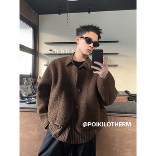 PLTH*美式重磅毛呢条纹衬衫拼接假两件外套男复古慵懒风纽扣上衣