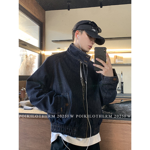 PLTH*美式复古原牛纽扣立领牛仔外套男女高级感小众简约短款夹克