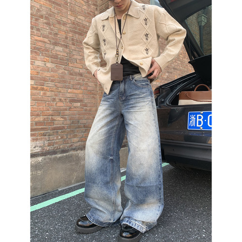 PLTH*美式复古水洗猫须纹磨白做旧阔腿牛仔裤男女宽松百搭长裤潮