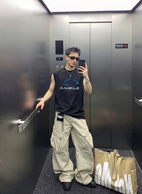 PLTH*美式复古做旧无袖背心男夏季重磅宽松圆领坎肩运动健身T恤潮