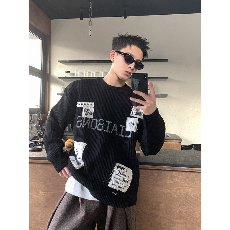 PLTH*美式复古喷脏做旧贴布毛衣男宽松慵懒风圆领休闲套头针织衫