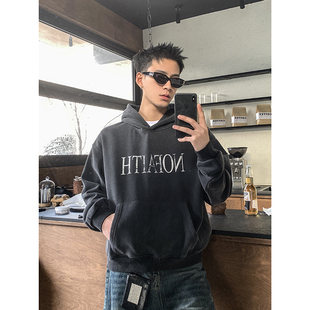 型休闲日常通勤防风连帽卫衣男 加绒保暖做旧字母短宽版 PLTH 冬季