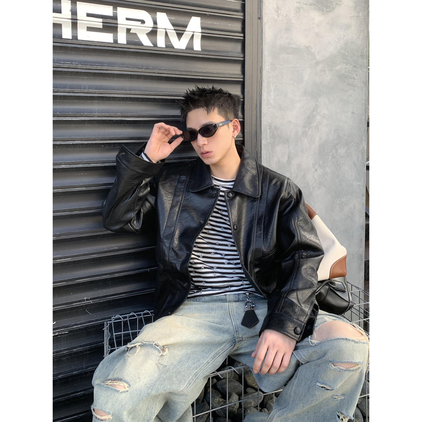 PLTH*美式复古做旧裂纹PU皮衣男秋宽松翻领夹克高街痞帅休闲外套