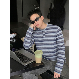 叠穿休闲打底衫 PLTH美式 上衣春季 男宽松长袖 复古亨利领条纹针织衫