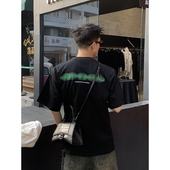 高街重磅设计感图案印花情侣宽松休闲纯棉小领口短袖 PLTH 美式 男