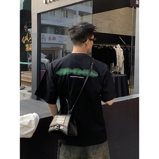 男 高街重磅设计感图案印花情侣宽松休闲纯棉小领口短袖 PLTH 美式