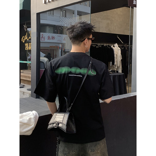 PLTH*美式高街重磅设计感图案印花情侣宽松休闲纯棉小领口短袖男