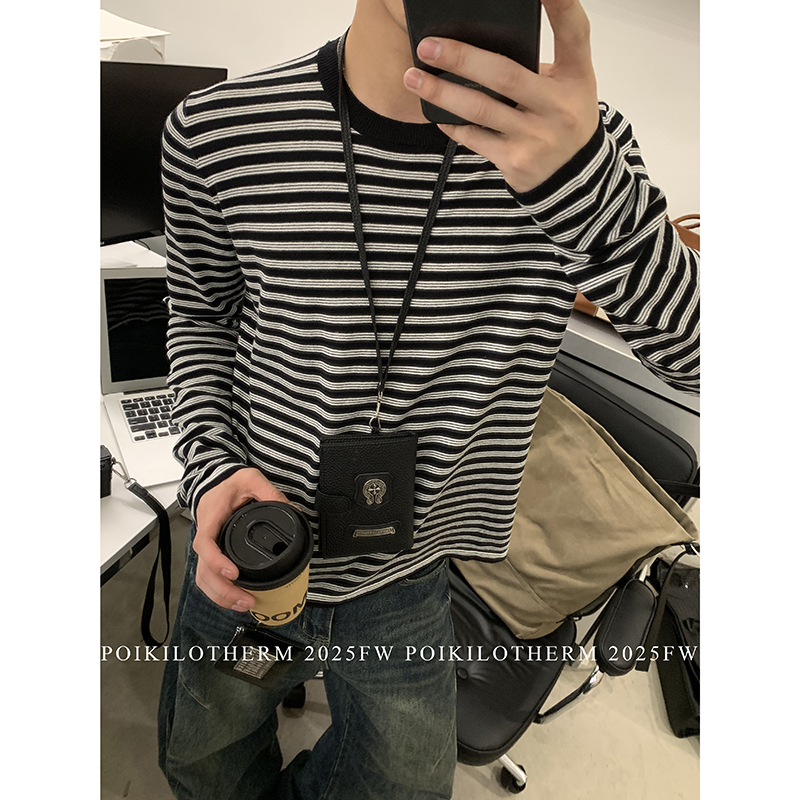 PLTH*美式复古条纹撞色小领口短款长袖T恤上衣男秋季打底针织毛衣