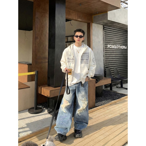 PLTH*美式复古做旧十字架印花连帽拉链卫衣男春季宽松外套上衣潮