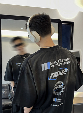 PLTH*美式复古做旧印花宽松渐变重磅百搭小众国潮纯棉夏季短袖T恤