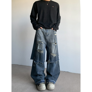男休闲阔腿高街牛仔裤 重磅假两条宽松破洞流苏水洗长裤 美式 PLTH