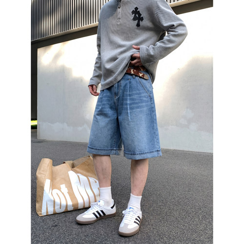 PLTH*美式复古做旧蓝牛仔五分裤男夏季宽松阔腿直筒休闲百搭短裤