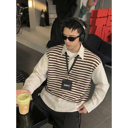 PLTH*Cityboy风条纹拼接假两件衬衫男秋季叠穿神器宽松休闲上衣潮