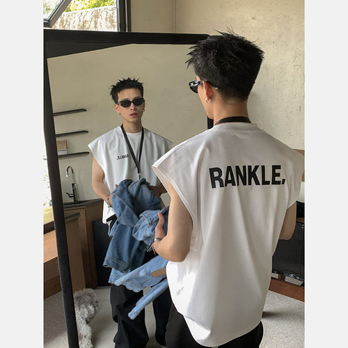 PLTH*韩系潮流纯棉圆领坎肩夏季沙滩痞帅背心男宽松运动无袖T恤潮