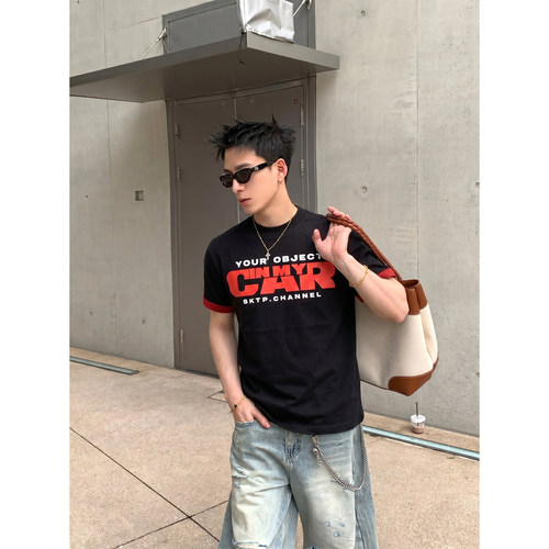 PLTH*美式复古短款修身撞色T恤男字母印花休闲cleanfit短袖上衣潮