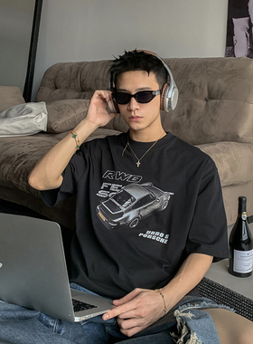 PLTH*美式重磅复古小汽车印花百搭休闲圆领短袖T恤男嘻哈情侣上衣