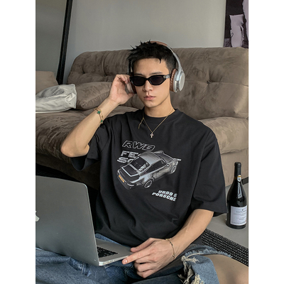 PLTH*美式重磅复古小汽车印花百搭休闲圆领短袖T恤男嘻哈情侣上衣