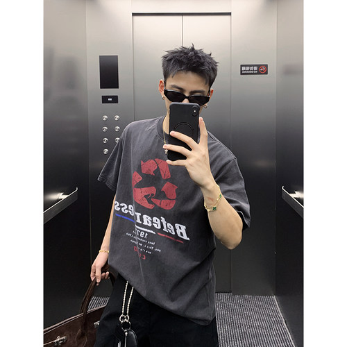 PLTH*美式复古水洗做旧字母印花短袖T恤男女夏季潮牌宽松休闲短袖