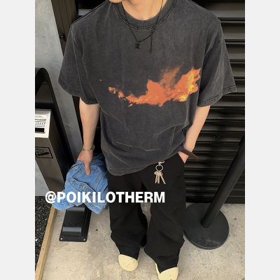 PLTH*水洗做旧数码直喷原创火焰印花重磅圆领百搭小领口短袖上衣