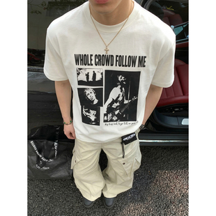 美式 正肩短袖 高街夏季 短款 T恤潮 摇滚拼贴画印花通勤百搭男士 PLTH