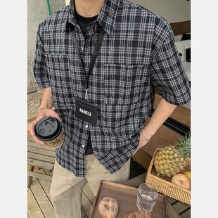 新款 PLTH 男夏季 短袖 百搭宽松休闲简约衬衣 日系复古撞色格子衬衫