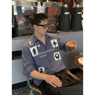 PLTH美式 男宽松落肩字母印花叠穿设计感上衣 街头贴布印花格纹衬衫