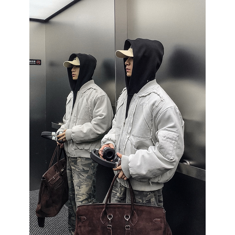 PLTH*水洗破坏毛边设计感宽松保暖棒球服领秋冬休闲百搭棉服外套