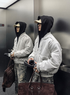 PLTH*水洗破坏毛边设计感宽松保暖棒球服领秋冬休闲百搭棉服外套