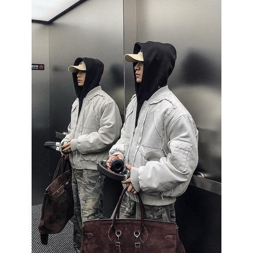 PLTH*水洗破坏毛边设计感宽松保暖棒球服领秋冬休闲百搭棉服外套
