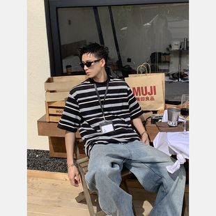 T恤男宽松休闲百搭圆领上衣 简约复古条纹撞色小领口短袖 PLTH 美式