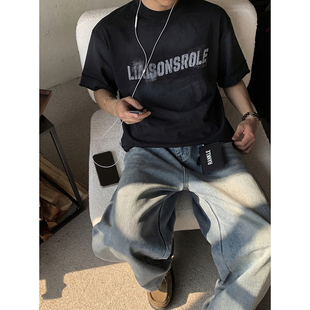 口宽松纯棉短袖 PLTH 复古做旧字母印花T恤男毛边袖 美式 上衣潮 夏季