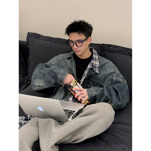 PLTH*美式潮牌牛仔衬衫不规则拼接做旧复古夹克高级设计感外套男